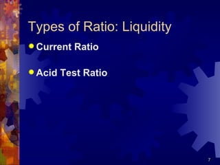 Types of Ratio: Liquidity Current Ratio Acid Test Ratio 