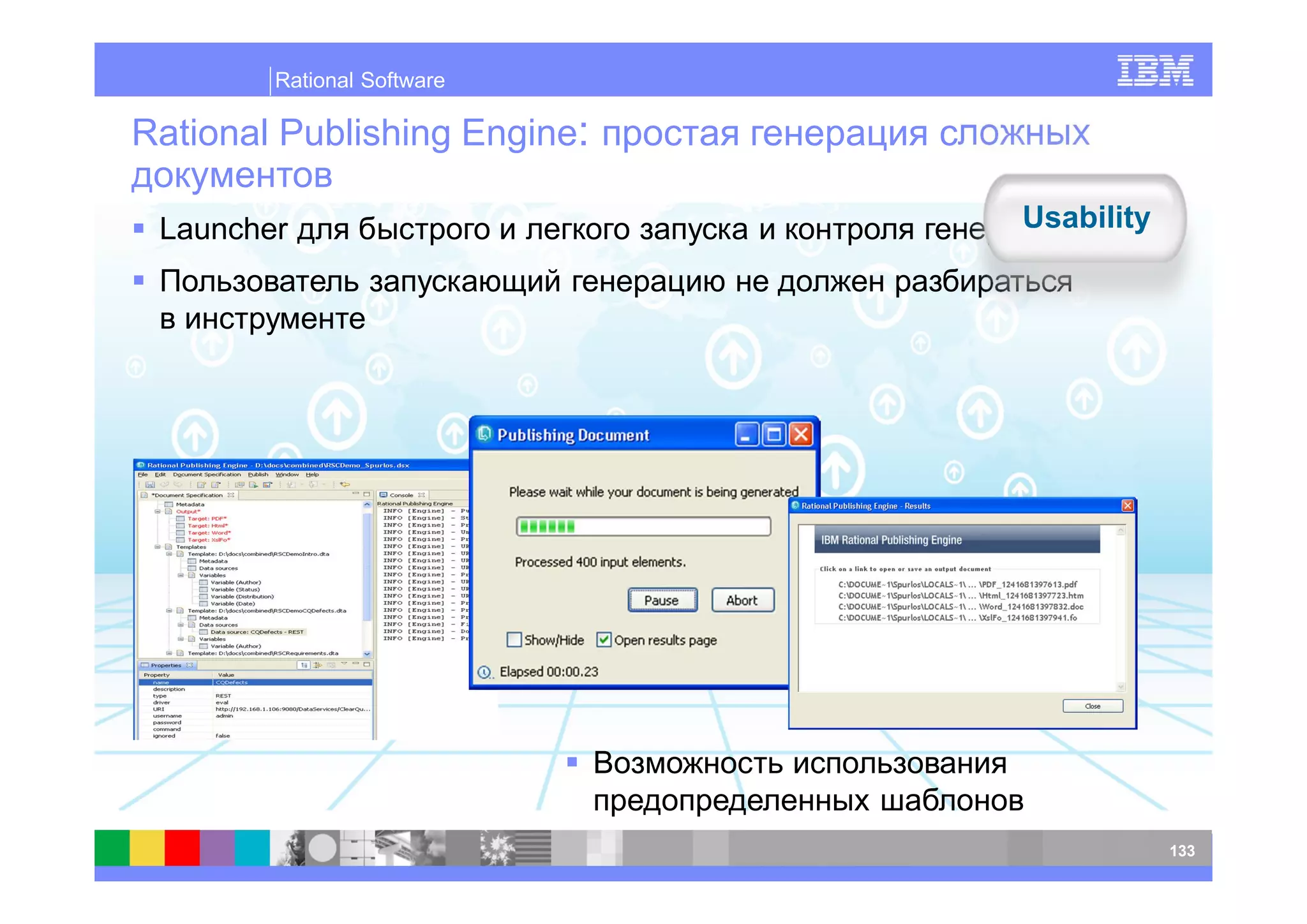 Rational Software

Rational Publishing Engine:

 Launcher                     Usability




                                          133
 