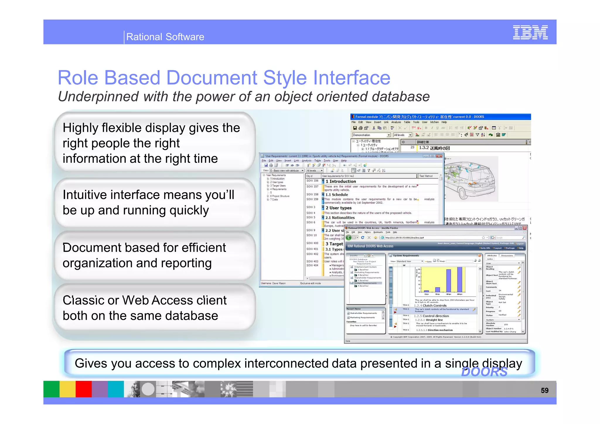 Rational Software



Role Based Document Style Interface
Underpinned with the power of an object oriented database

Highly flexible display gives the
right people the right
information at the right time

Intuitive interface means you’ll
be up and running quickly

Document based for efficient
organization and reporting

Classic or Web Access client
both on the same database


  Gives you access to complex interconnected data presented in a single display
                                                                    DOORS
                                                                                  59
 