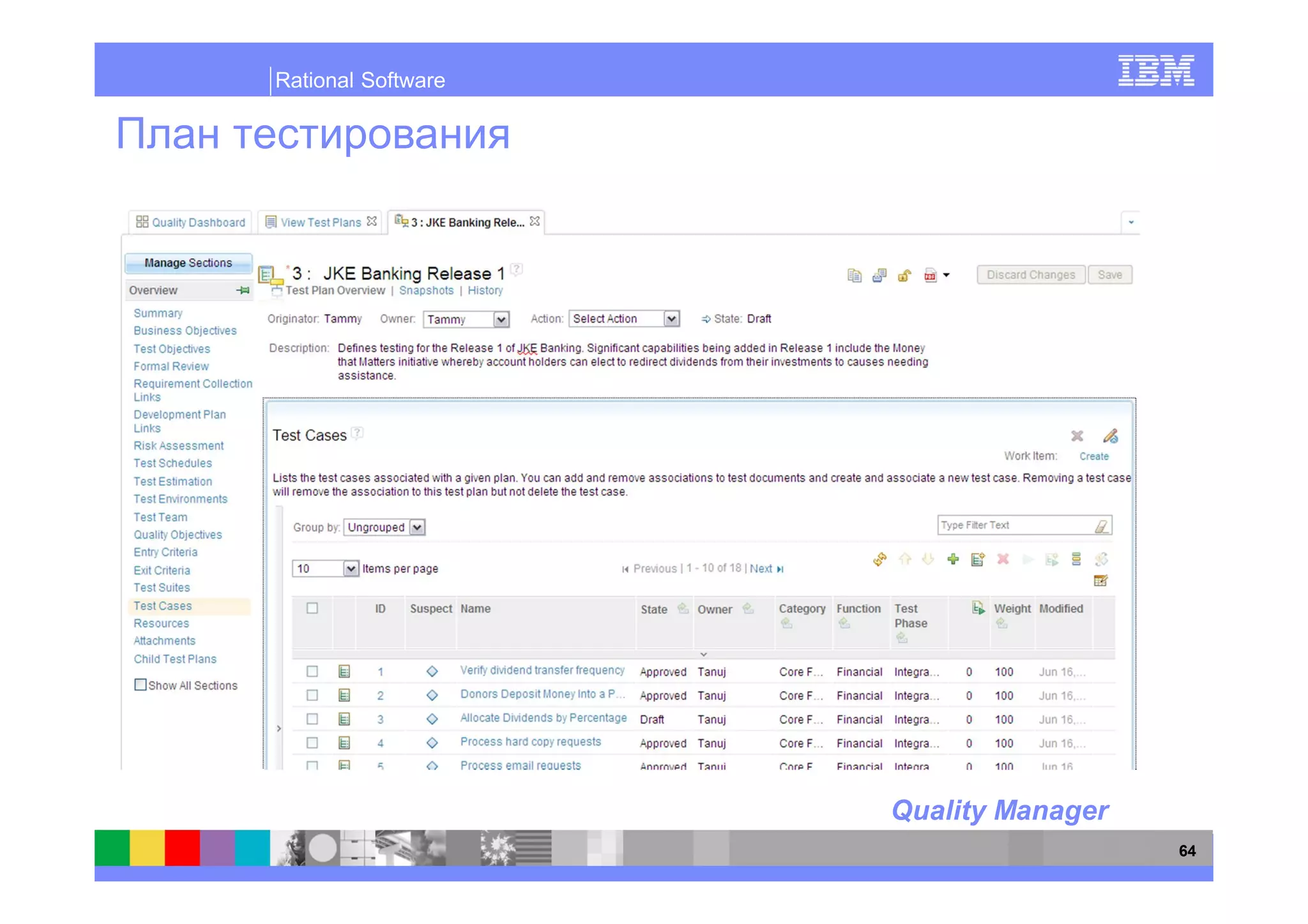 Rational Software




                    Quality Manager
                                      64
 