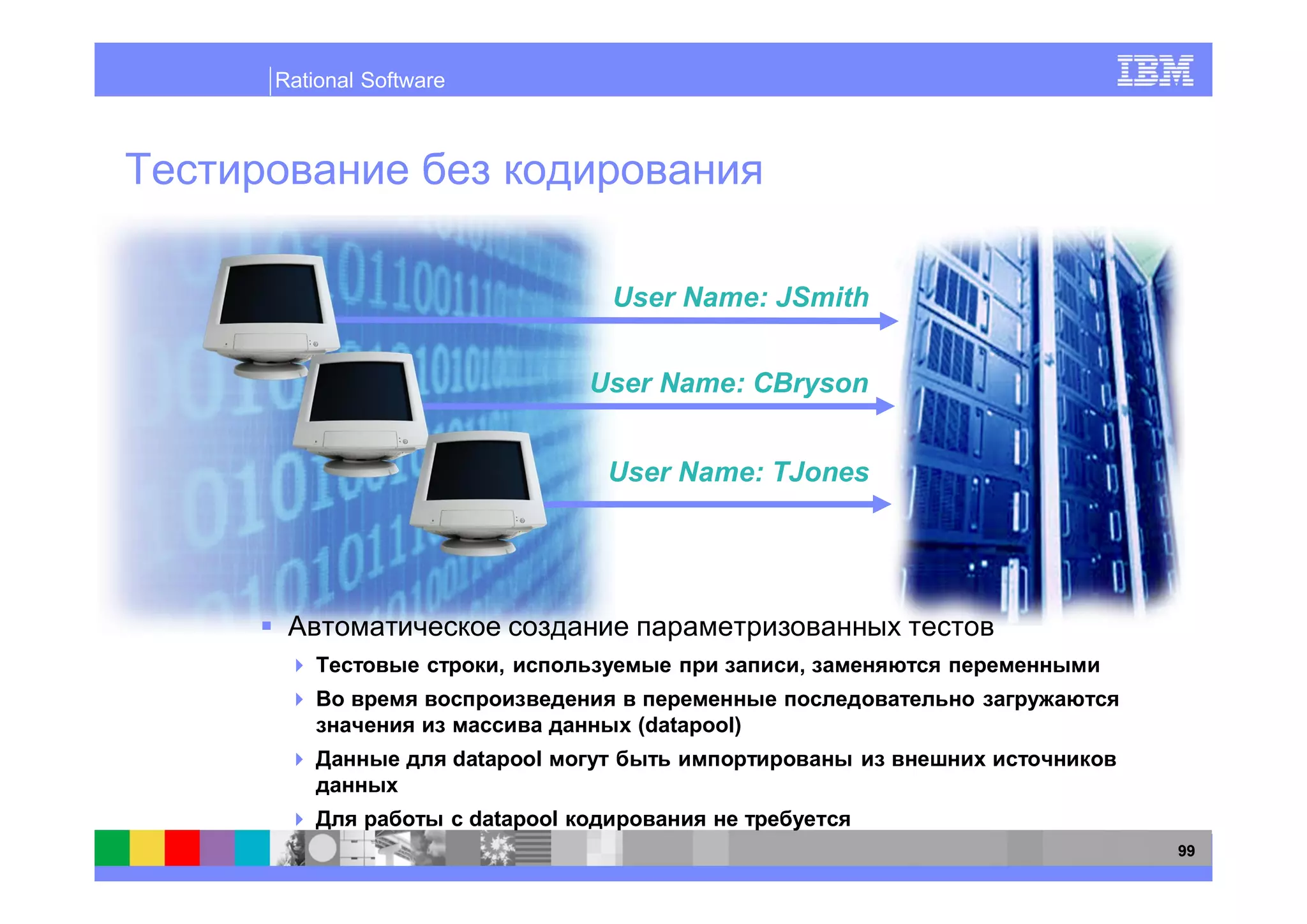 Rational Software




                                 User Name: JSmith


                                User Name: CBryson


                                 User Name: TJones




                        ,                       ,

                                   (datapool)
                    datapool

                     datapool
                                                     99
 