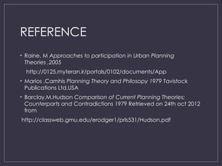 REFERENCE
• Raine. M Approaches to participation in Urban Planning
Theories ,2005
http://0125.myteran.ir/portals/0102/documents/App
• Marios ,Camhis Planning Theory and Philosopy 1979 Tavistock
Publications Ltd,USA
• Barclay.M.Hudson Comparison of Current Planning Theories;
Counterparts and Contradictions 1979 Retrieved on 24th oct 2012
from
http://classweb.gmu.edu/erodger1/prls531/Hudson.pdf
 