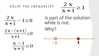 S O L V E T H E I N E Q U A L I T Y
2 𝑥
𝑥 +1
≥ 1
2 𝑥
𝑥 +1
− 1≥ 0
2𝑥−(𝑥+1)
𝑥+1
≥0
𝑥 −1
𝑥+ 1
≥ 0
is part of the solution
while is not.
Why?
−1 1
 