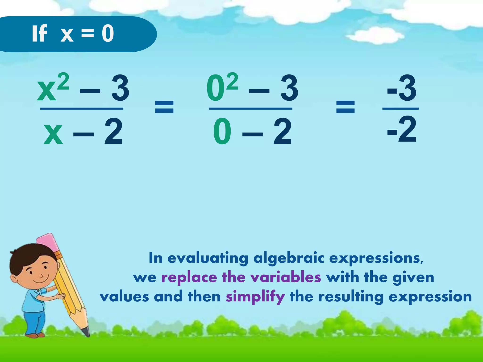 x2 – 3
x – 2
If x = 0
02 – 3
0 – 2
-3
-2
= =
In evaluating algebraic expressions,
we replace the variables with the given
values and then simplify the resulting expression
3
2
 