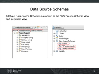 Data Source Schemas All three Data Source Schemas are added to the  Data Source Schema  view and in  Outline  view. 