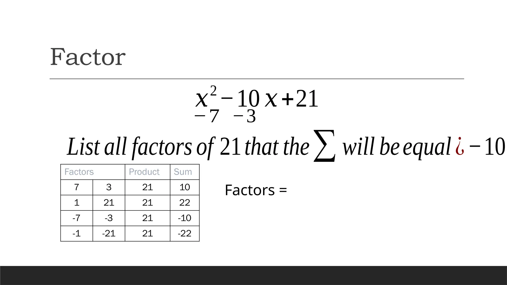 Factor
𝑥2
−10 𝑥+21
List all factorsof 21that the∑will beequal¿−10
Factors Product Sum
7 3 21 10
1 21 21 22
-7 -3 21 -10
-1 -21 21 -22
Factors =
−7 −3
 