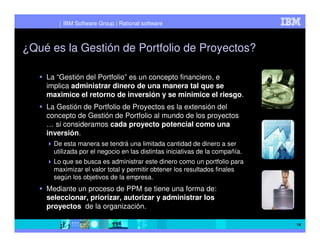 IBM Software Group | Rational software



¿Qué es la Gestión de Portfolio de Proyectos?

    La “Gestión del Portfolio” es un concepto financiero, e
    implica administrar dinero de una manera tal que se
    maximice el retorno de inversión y se minimice el riesgo.
    La Gestión de Portfolio de Proyectos es la extensión del
    concepto de Gestión de Portfolio al mundo de los proyectos
    … si consideramos cada proyecto potencial como una
    inversión.
      De esta manera se tendrá una limitada cantidad de dinero a ser
      utilizada por el negocio en las distintas iniciativas de la compañía.
      Lo que se busca es administrar este dinero como un portfolio para
      maximizar el valor total y permitir obtener los resultados finales
      según los objetivos de la empresa.
    Mediante un proceso de PPM se tiene una forma de:
    seleccionar, priorizar, autorizar y administrar los
    proyectos de la organización.

                                                                              14
 