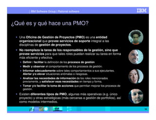 IBM Software Group | Rational software



¿Qué es y qué hace una PMO?

  Una Oficina de Gestión de Proyectos (PMO) es una entidad
  organizacional que provee servicios de soporte integral a las
  disciplinas de gestión de proyectos.
  No reemplaza la tarea de los responsables de la gestión, sino que
  provee servicios para que tales roles puedan realizar su tarea en forma
  más eficiente y efectiva.
    Definir / facilitar la definición de los procesos de gestión
    Medir y observar el comportamiento de los procesos de gestión.
    Informar adecuadamente sobre tales comportamientos a sus ejecutantes.
    Alertar y/o elevar situaciones anómalas o riesgosas.
    Analizar las necesidades de información de los roles mencionados
    previamente, y satisfacer esas necesidades en tiempo y forma.
    Tomar y/o facilitar la toma de acciones que permitan mejorar los procesos de
    gestión.
  Existen diferentes tipos de PMO, algunas más operativas (e.g. único
  proyecto) y otras estratégicas (más cercanas a gestión de portfolios), así
  como modelos intermedios.

                                                                                   18
 