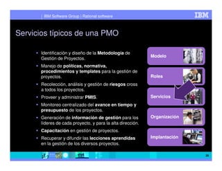 IBM Software Group | Rational software



Servicios típicos de una PMO

      Identificación y diseño de la Metodología de
                                                            Modelo
      Gestión de Proyectos.
      Manejo de políticas, normativa,
      procedimientos y templates para la gestión de
      proyectos.                                            Roles
      Recolección, análisis y gestión de riesgos cross
      a todos los proyectos.
      Proveer y administrar PMIS.                           Servicios
      Monitoreo centralizado del avance en tiempo y
      presupuesto de los proyectos.
      Generación de información de gestión para los         Organización
      líderes de cada proyecto, y para la alta dirección.
      Capacitación en gestión de proyectos.
      Recuperar y difundir las lecciones aprendidas         Implantación
      en la gestión de los diversos proyectos.

                                                                           28
 