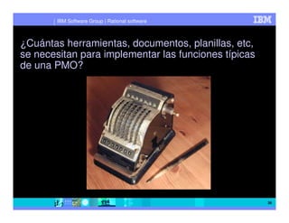 IBM Software Group | Rational software



¿Cuántas herramientas, documentos, planillas, etc,
se necesitan para implementar las funciones típicas
de una PMO?




                                                      36
 