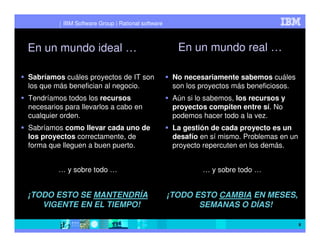 IBM Software Group | Rational software



En un mundo ideal …                                  En un mundo real …

Sabríamos cuáles proyectos de IT son                No necesariamente sabemos cuáles
los que más benefician al negocio.                  son los proyectos más beneficiosos.
Tendríamos todos los recursos                       Aún si lo sabemos, los recursos y
necesarios para llevarlos a cabo en                 proyectos compiten entre sí. No
cualquier orden.                                    podemos hacer todo a la vez.
Sabríamos como llevar cada uno de                   La gestión de cada proyecto es un
los proyectos correctamente, de                     desafío en sí mismo. Problemas en un
forma que lleguen a buen puerto.                    proyecto repercuten en los demás.


         … y sobre todo …                                   … y sobre todo …


¡TODO ESTO SE MANTENDRÍA                           ¡TODO ESTO CAMBIA EN MESES,
   VIGENTE EN EL TIEMPO!                                  SEMANAS O DÍAS!

                                                                                           8
 