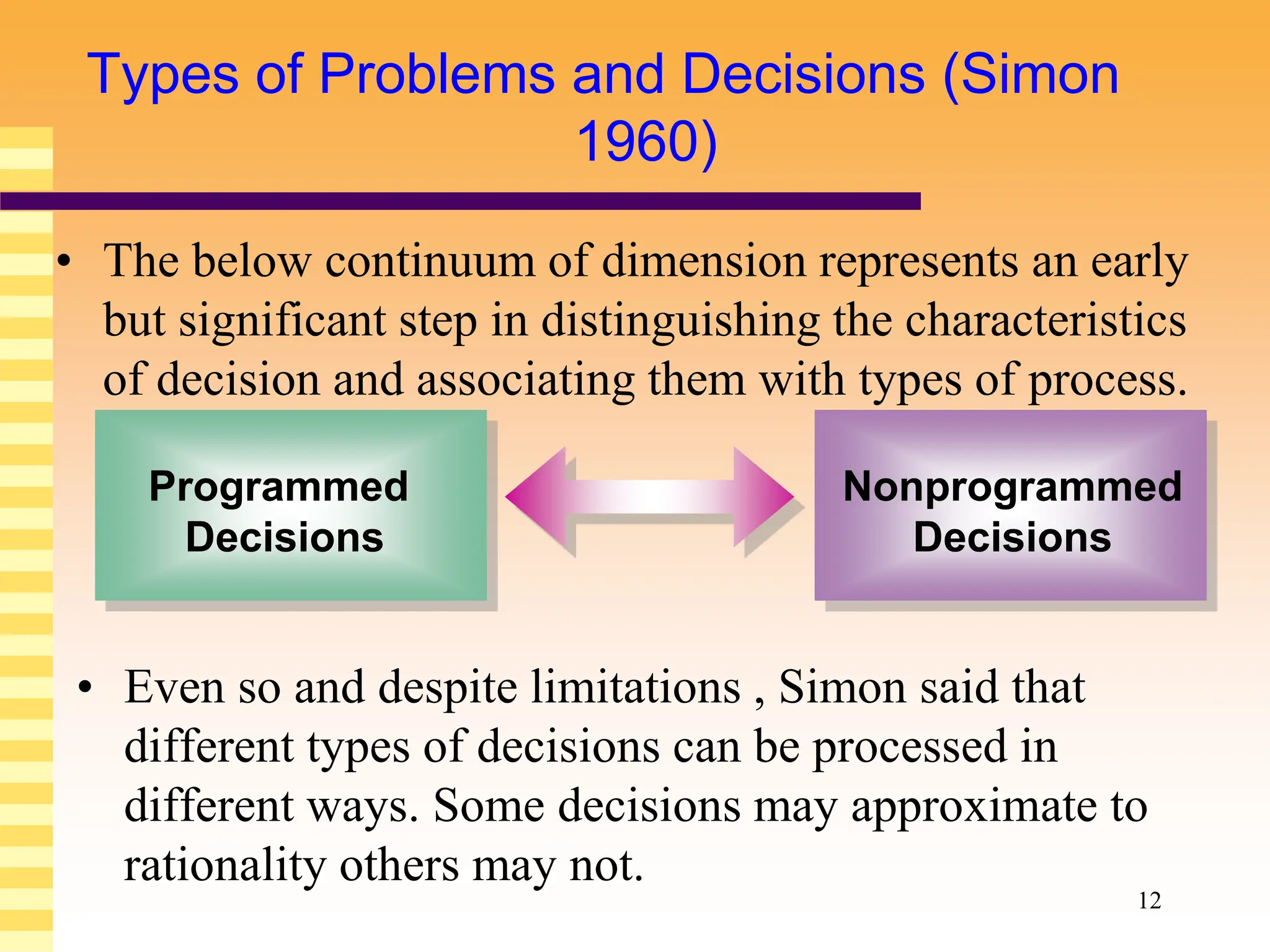 12
Types of Problems and Decisions (Simon
1960)
• The below continuum of dimension represents an early
but significant step in distinguishing the characteristics
of decision and associating them with types of process.
• Even so and despite limitations , Simon said that
different types of decisions can be processed in
different ways. Some decisions may approximate to
rationality others may not.
Programmed
Decisions
Nonprogrammed
Decisions
 