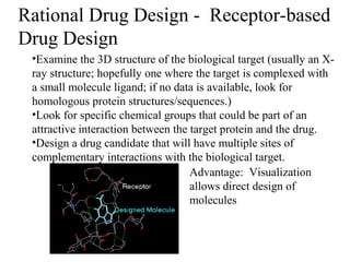 Rational Drug Design - Receptor-based
Drug Design
 •Examine the 3D structure of the biological target (usually an X-
 ray structure; hopefully one where the target is complexed with
 a small molecule ligand; if no data is available, look for
 homologous protein structures/sequences.)
 •Look for specific chemical groups that could be part of an
 attractive interaction between the target protein and the drug.
 •Design a drug candidate that will have multiple sites of
 complementary interactions with the biological target.
                                    Advantage: Visualization
                                    allows direct design of
                                    molecules
 