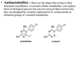 • Antimetabolites : these are the drugs that owing to their
  structural resemblance to normal cellular metabolites ,can replace
  them in biological process but can not carryout their normal role ,
  they are designed by isosteric replacement of certain atoms or
  chemical groups of essential metabolites
 