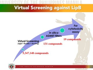 Virtual Screening against LipB 
In silico 
ADMET filters 
19 compounds Virtual Screening 
(rigid > flexible > docking) 
13...