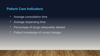 Patient Care Indicators
• Average consultation time
• Average dispensing time
• Percentage of drugs adequately labeled
• Patient knowledge of correct dosage
 