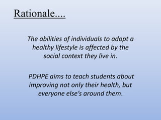 Rationale....

   The abilities of individuals to adopt a
    healthy lifestyle is affected by the
        social context they live in.

   PDHPE aims to teach students about
   improving not only their health, but
      everyone else’s around them.
 