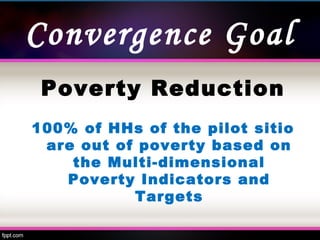 Convergence Goal
Poverty Reduction
100% of HHs of the pilot sitio
are out of poverty based on
the Multi-dimensional
Poverty Indicators and
Targets
 