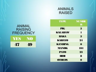 ANIMAL
RAISING
FREQUENCY
YES NO
47 49
ANIMALS
RAISED
TYPE NUMBE
R
PIG 2
KALABAW 1
BAKA 2
KABAYO 24
KANDING 0
MANOK 104
PATO 23
BIBI 8
OTHERS 0
 