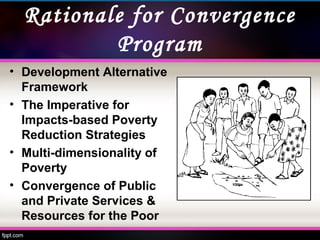 Rationale for Convergence
Program
• Development Alternative
Framework
• The Imperative for
Impacts-based Poverty
Reduction Strategies
• Multi-dimensionality of
Poverty
• Convergence of Public
and Private Services &
Resources for the Poor
 