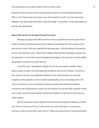 Nursing Rationale Essay Samples (Student Name and Mentor Name)                                        19


dissimilar clinical situations cannot be transmitted by precise written descriptions (Brenner,

2001, p. 43). Expert nurses always know more than what they can tell. It is in the discussion,

dialogues, and shared experiences that “expert knowledge” is unraveled. I expect the program to

provide such opportunities.



Degree Plan for B.S. in Nursing (Grid and Narrative)

       Planning my degree plan (DP) proved to be more straightforward. Having taken liberal

studies from prior baccalaureate and master’s degrees meant taking only core nursing courses

and a history course. While this simplified the planning stage, I still had feelings of uncertainty

on how to go about the course. Empire State College understands these challenges and gave me

the opportunity to work with a mentor throughout the program. The mentor gave me the stability

and guidance I needed every step of the way.

       In my first year, I attempted to complete most of the core courses available. I had a

chance to plan my degree from the beginning through the Educational Planning: Transition to

Baccalaureate Nursing. It provided the foundation for the skills necessary for successful

completion of the program as well as in-depth understanding of my own learning styles. The

Advanced Health Assessment enhanced my previous training and reinforced the holistic

assessment in the nursing process. Hence, the first semester not only provided a glimpse of what

was to come, but proved instrumental in setting the foundation of what can be achieved in an

online program.

       By the time spring semester started, I looked forward to meeting the challenge of Health

Care Delivery Systems and Policy, Professional Issues and Leadership in Contemporary

Nursing, as well as United States Labor History. These courses proved to be relevant and timely
 