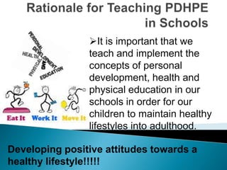 It is important that we
                teach and implement the
                concepts of personal
                development, health and
                physical education in our
                schools in order for our
                children to maintain healthy
                lifestyles into adulthood.

Developing positive attitudes towards a
healthy lifestyle!!!!!
 