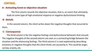 CONTINUE..
A - Activating Event or objective situation
The first column records the objective situation, that is, an event that ultimately
leads to some type of high emotional response or negative dysfunctional thinking.
B - Beliefs
In the second column, the client writes down the negative thoughts that occurred to
them.
C - Consequence
The third column is for the negative feelings and dysfunctional behaviors that ensued.
The negative thoughts of the second column are seen as a connecting bridge between the
situation and the distressing feelings. The third column C is next explained by describing
emotions or negative thoughts that the client thinks are caused by A. This could be anger,
sorrow, anxiety, etc. 11
 