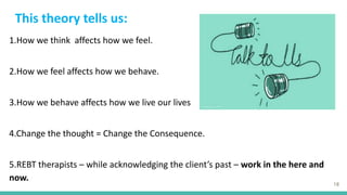 This theory tells us:
1.How we think affects how we feel.
2.How we feel affects how we behave.
3.How we behave affects how we live our lives
4.Change the thought = Change the Consequence.
5.REBT therapists – while acknowledging the client’s past – work in the here and
now.
18
 