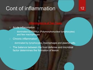 Cont of inflammation
Inflammation is of Two Types
1. Acute inflammation
o dominated by PMNLs (Polymorphonuclear lymphocyte...