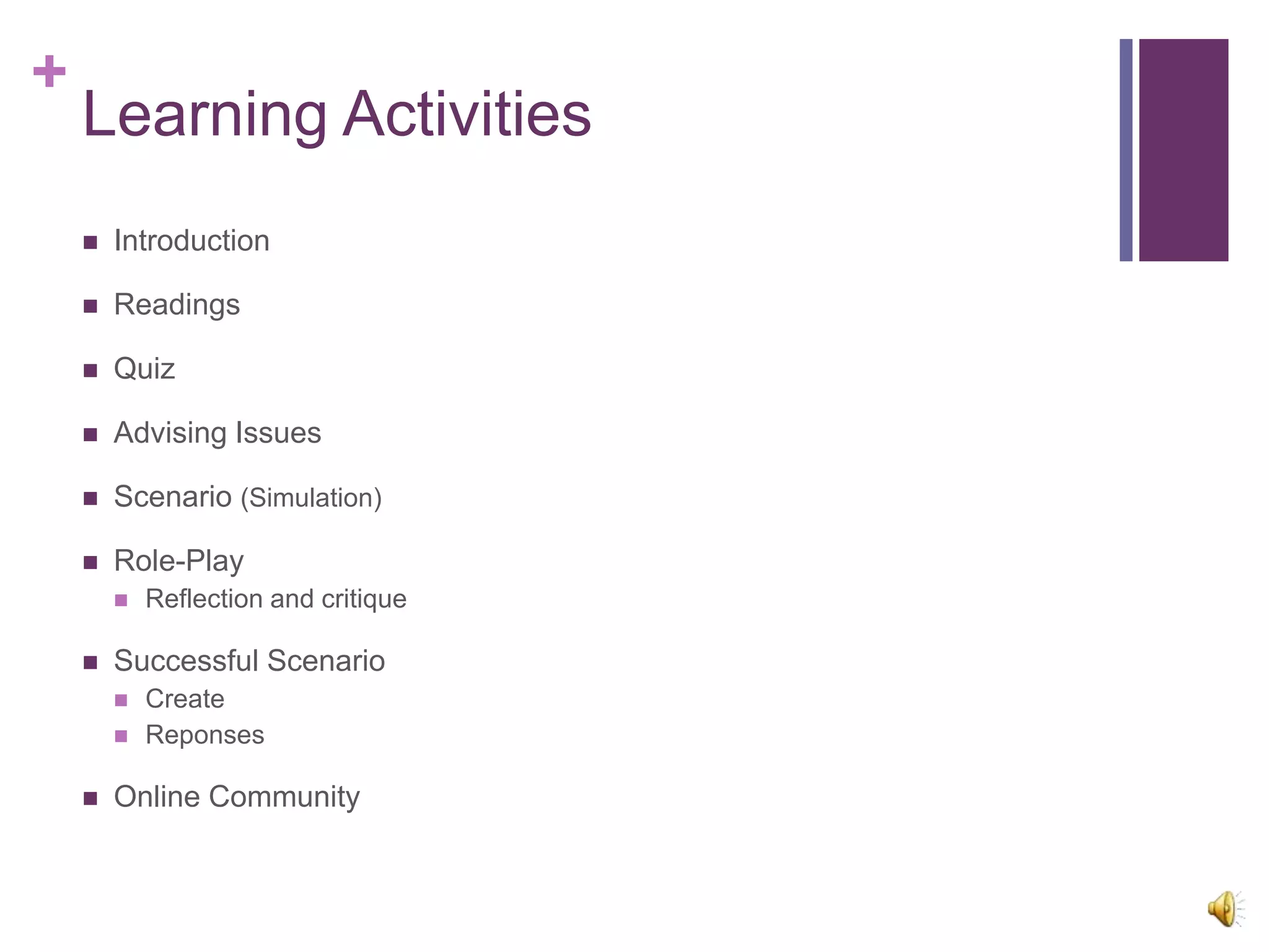 +
    Learning Activities
       Introduction

       Readings

       Quiz

       Advising Issues

       Scenario (Simulation)

       Role-Play
           Reflection and critique

       Successful Scenario
           Create
           Reponses

       Online Community
 