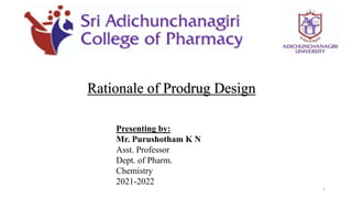 Rationale of Prodrug Design
Presenting by:
Mr. Purushotham K N
Asst. Professor
Dept. of Pharm.
Chemistry
2021-2022
1
 