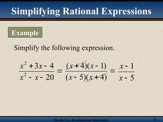Martin-Gay, Developmental Mathematics 11
Simplify the following expression.





20
4
3
2
2
x
x
x
x





)
4
)(
5
(
)
1
)(
4
(
x
x
x
x
5
1


x
x
Simplifying Rational Expressions
Example
 
