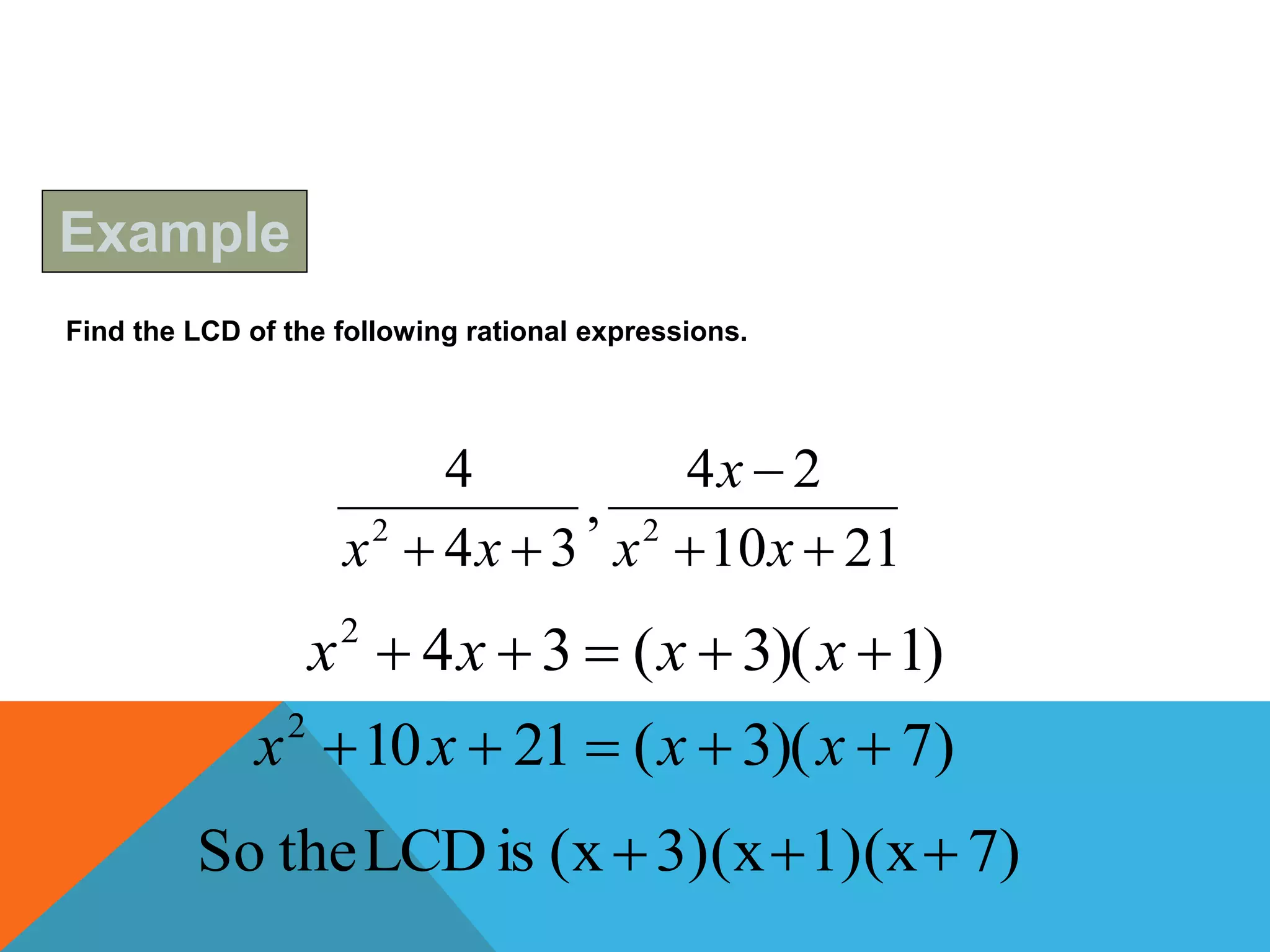 Find the LCD of the following rational expressions.
2110
24
,
34
4
22


 xx
x
xx
)1)(3(342
 xxxx
)7)(3(21102
 xxxx
7)1)(x3)(x(xisLCDtheSo 
Example
 