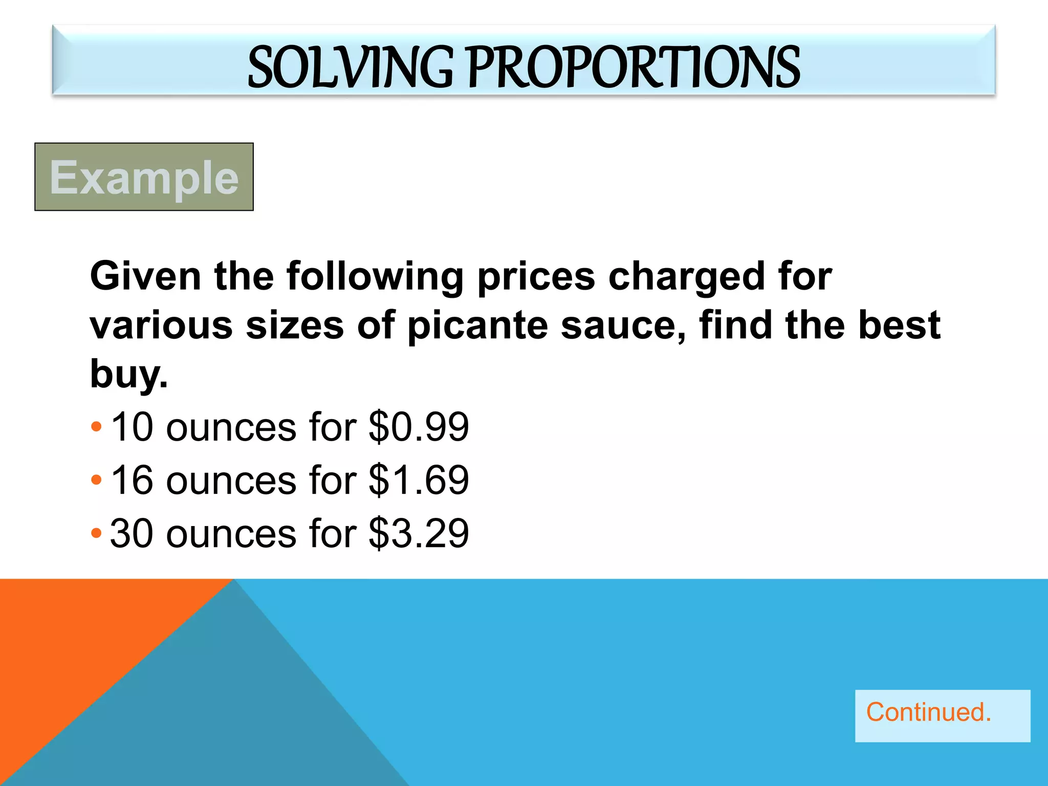 SOLVING PROPORTIONS
Given the following prices charged for
various sizes of picante sauce, find the best
buy.
•10 ounces for $0.99
•16 ounces for $1.69
•30 ounces for $3.29
Example
Continued.
 