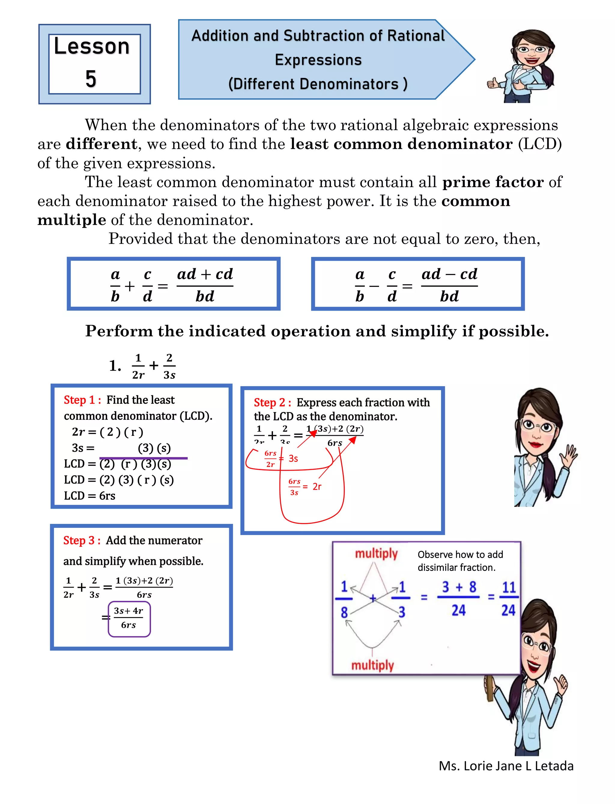 Ms. Lorie Jane L Letada
When the denominators of the two rational algebraic expressions
are different, we need to find the least common denominator (LCD)
of the given expressions.
The least common denominator must contain all prime factor of
each denominator raised to the highest power. It is the common
multiple of the denominator.
Provided that the denominators are not equal to zero, then,
Perform the indicated operation and simplify if possible.
1.
𝟏
𝟐𝒓
+
𝟐
𝟑𝒔
Lesson
5
Addition and Subtraction of Rational
Expressions
(Different Denominators )
𝒂
𝒃
+
𝒄
𝒅
=
𝒂𝒅 + 𝒄𝒅
𝒃𝒅
𝒂
𝒃
−
𝒄
𝒅
=
𝒂𝒅 − 𝒄𝒅
𝒃𝒅
Step 1 : Find the least
common denominator (LCD).
𝟐𝒓 = ( 2 ) ( r )
3s = (3) (s)
LCD = (2) (r ) (3)(s)
LCD = (2) (3) ( r ) (s)
LCD = 6rs
Step 2 : Express each fraction with
the LCD as the denominator.
𝟏
𝟐𝒓
+
𝟐
𝟑𝒔
=
𝟏 (𝟑𝒔)+𝟐 (𝟐𝒓)
𝟔𝒓𝒔
𝟔𝒓𝒔
𝟐𝒓
= 3s
𝟔𝒓𝒔
𝟐𝒓
= 3s
𝟔𝒓𝒔
𝟑𝒔
= 2r
Step 3 : Add the numerator
and simplify when possible.
𝟏
𝟐𝒓
+
𝟐
𝟑𝒔
=
𝟏 (𝟑𝒔)+𝟐 (𝟐𝒓)
𝟔𝒓𝒔
=
𝟑𝒔+ 𝟒𝒓
𝟔𝒓𝒔
Observe how to add
dissimilar fraction.
 