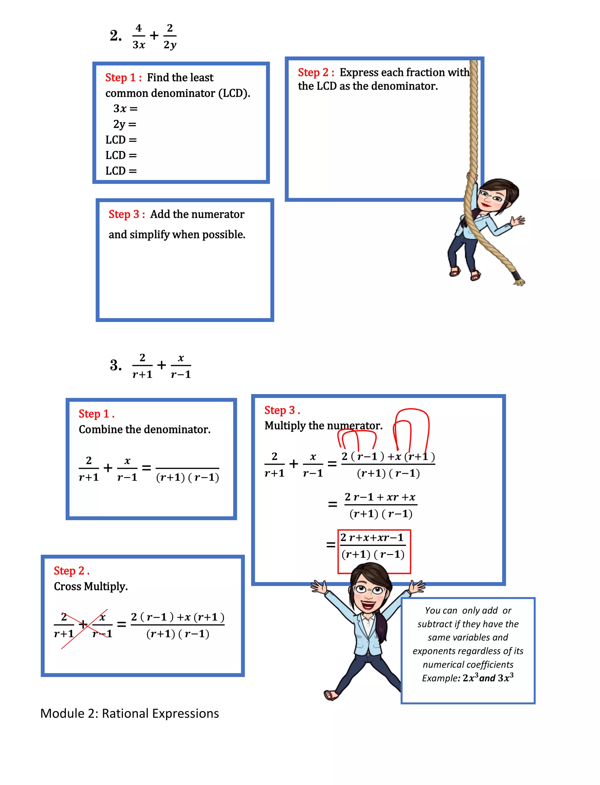 Module 2: Rational Expressions
2.
𝟒
𝟑𝒙
+
𝟐
𝟐𝒚
3.
𝟐
𝒓+𝟏
+
𝒙
𝒓−𝟏
Step 1 .
Combine the denominator.
𝟐
𝒓+𝟏
+
𝒙
𝒓−𝟏
=
(𝒓+𝟏) ( 𝒓−𝟏)
Step 2 .
Cross Multiply.
𝟐
𝒓+𝟏
+
𝒙
𝒓−𝟏
=
𝟐 ( 𝒓−𝟏 ) +𝒙 (𝒓+𝟏 )
(𝒓+𝟏) ( 𝒓−𝟏)
Step 1 : Find the least
common denominator (LCD).
𝟑𝒙 =
2y =
LCD =
LCD =
LCD =
Step 2 : Express each fraction with
the LCD as the denominator.
Step 3 : Add the numerator
and simplify when possible.
Step 3 .
Multiply the numerator.
𝟐
𝒓+𝟏
+
𝒙
𝒓−𝟏
=
𝟐 ( 𝒓−𝟏 ) +𝒙 (𝒓+𝟏 )
(𝒓+𝟏) ( 𝒓−𝟏)
=
𝟐 𝒓−𝟏 + 𝒙𝒓 +𝒙
(𝒓+𝟏) ( 𝒓−𝟏)
=
𝟐 𝒓+𝒙+𝒙𝒓−𝟏
(𝒓+𝟏) ( 𝒓−𝟏)
You can only add or
subtract if they have the
same variables and
exponents regardless of its
numerical coefficients
Example: 𝟐𝒙 𝟑
and 𝟑𝒙 𝟑
 
