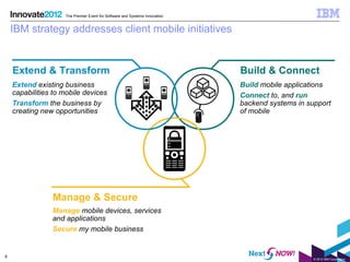 The Premier Event for Software and Systems Innovation


    IBM strategy addresses client mobile initiatives


    Extend & Transform                                                      Build & Connect
    Extend existing business                                                Build mobile applications
    capabilities to mobile devices                                          Connect to, and run
    Transform the business by                                               backend systems in support
    creating new opportunities                                              of mobile




                Manage & Secure
                Manage mobile devices, services
                and applications
                Secure my mobile business


8
                                                                                                 © 2012 IBM Corporation
 