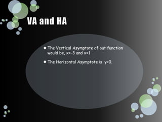 VA and HAThe Vertical Asymptote of out function would be, x=-3 and x=1The Horizontal Asymptote is  y=0.