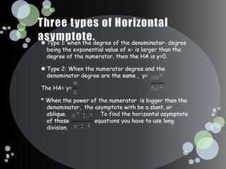 Three types of Horizontal asymptote.,[object Object],Type 1: when the degree of the denominator- degree being the exponential value of x- is larger than the degree of the numerator, then the HA is y=0.,[object Object],Type 2: When the numerator degree and the denominator degree are the same ,  y=,[object Object],The HA= y= ,[object Object],* When the power of the numerator  is bigger than the denominator,  the asymptote with be a slant, or oblique.                    To find the horizontal asymptote of these               equations you have to use long division. ,[object Object]