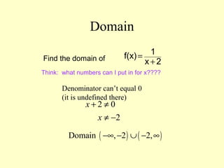 Domain
Find the domain of 2x
1f(x)
+
=
Denominator can’t equal 0
(it is undefined there)
2 0
2
x
x
+ ≠
≠ −
( ) ( )Domain , 2 2,−∞ − ∪ − ∞
Think: what numbers can I put in for x????
 