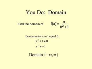 You Do: Domain
Find the domain of =
+2
xf(x)
x 1
Denominator can’t equal 0
2
2
1 0
1
x
x
+ ≠
≠ −
( )Domain ,−∞ ∞
 