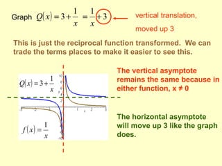 Graph ( )
x
xQ
1
3+=
This is just the reciprocal function transformed. We can
trade the terms places to make it easier to see this.
3
1
+=
x
vertical translation,
moved up 3
( )
x
xf
1
=
( )
x
xQ
1
3+=
The vertical asymptote
remains the same because in
either function, x ≠ 0
The horizontal asymptote
will move up 3 like the graph
does.
 