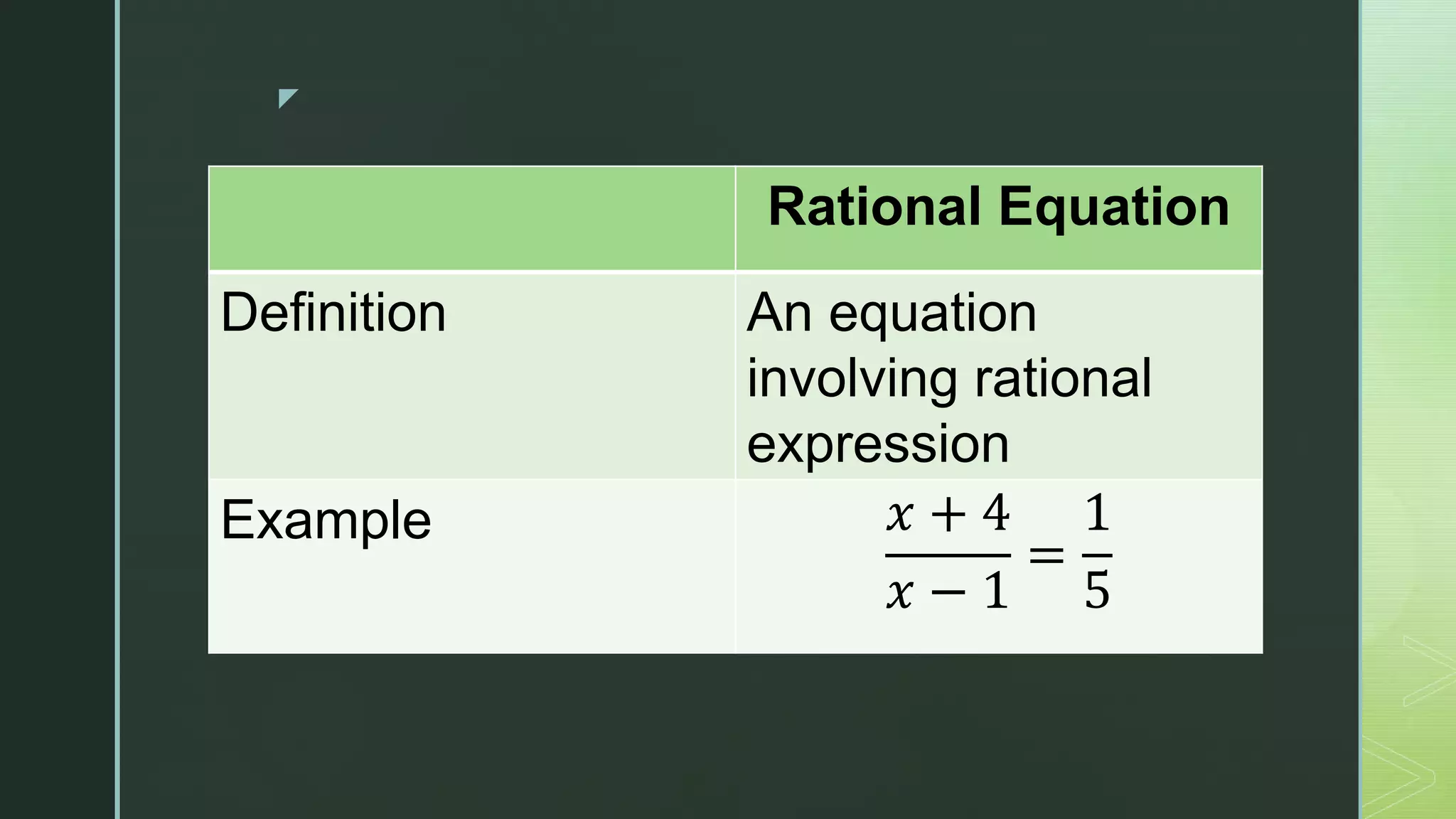 z
Rational Equation
Definition An equation
involving rational
expression
Example 𝑥 + 4
𝑥 − 1
=
1
5
 