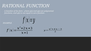 RATIONAL FUNCTION
A function of the form where p(x) and q(x) are polynomial
functions, and q(x) is not equal to zero function.
EXAMPLE
𝑓 (𝑥)=
𝑥2
+2𝑥+3
𝑥+1
𝑓 (𝑥)=𝑦
𝑦 =
𝑥2
+ 4 𝑥 − 3
2
 