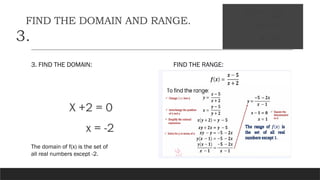 FIND THE DOMAIN AND RANGE.
3.
3. FIND THE DOMAIN:
X +2 = 0
x = -2
FIND THE RANGE:
The domain of f(x) is the set of
all real numbers except -2.
 