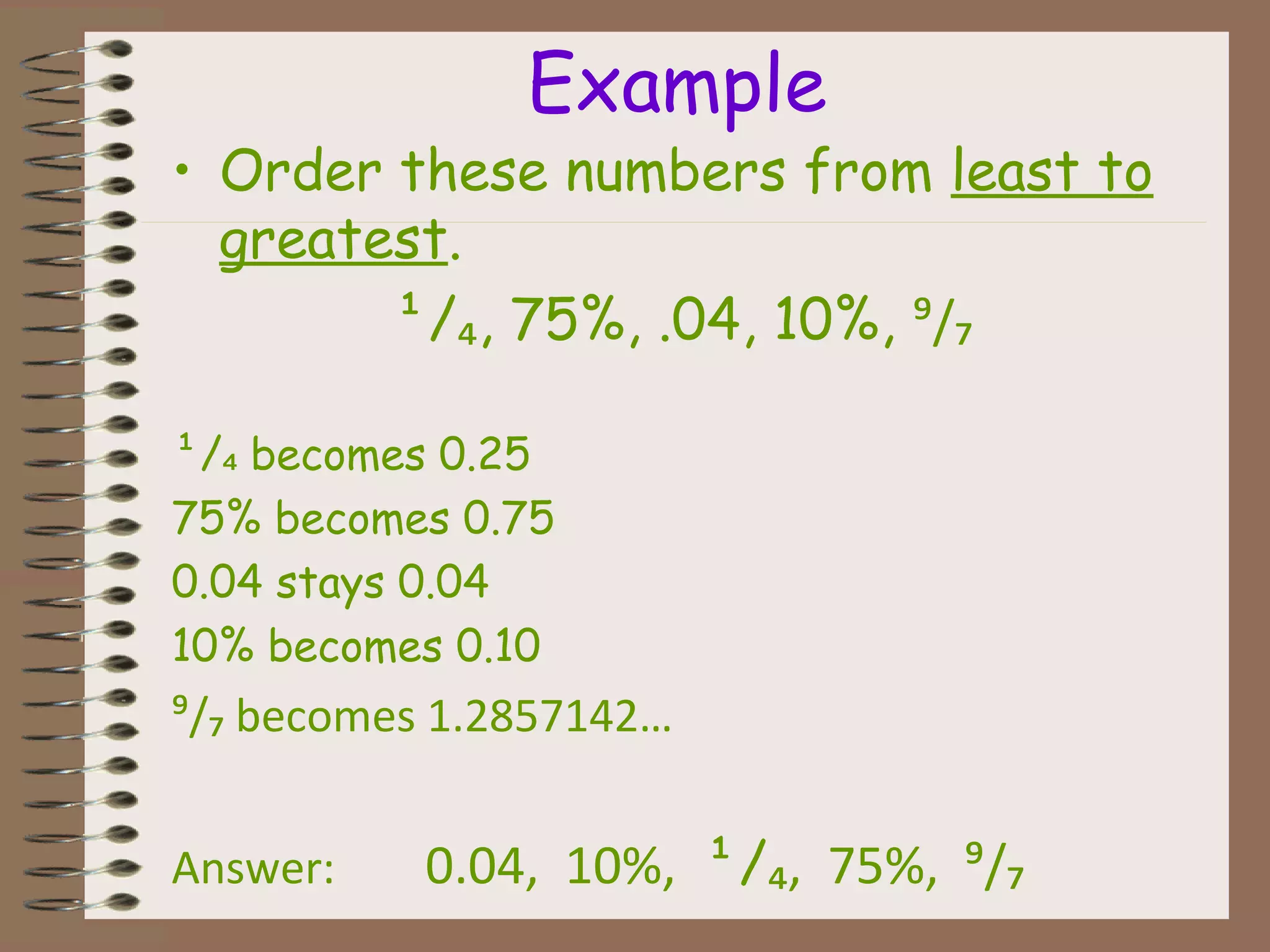 Example
• Order these numbers from least to
greatest.
¹/₄, 75%, .04, 10%, ⁹/₇
¹/ becomes 0.25₄
75% becomes 0.75
0.04 stays 0.04
10% becomes 0.10
⁹/₇ becomes 1.2857142…
Answer: 0.04, 10%, ¹/₄, 75%, ⁹/₇
 