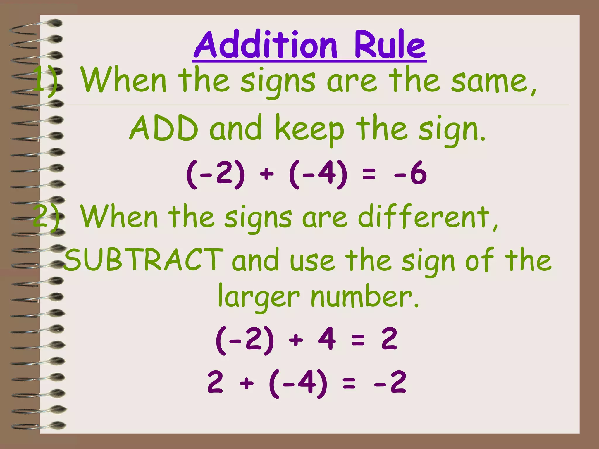 Addition Rule
1) When the signs are the same,
ADD and keep the sign.
(-2) + (-4) = -6
2) When the signs are different,
SUBTRACT and use the sign of the
larger number.
(-2) + 4 = 2
2 + (-4) = -2
 