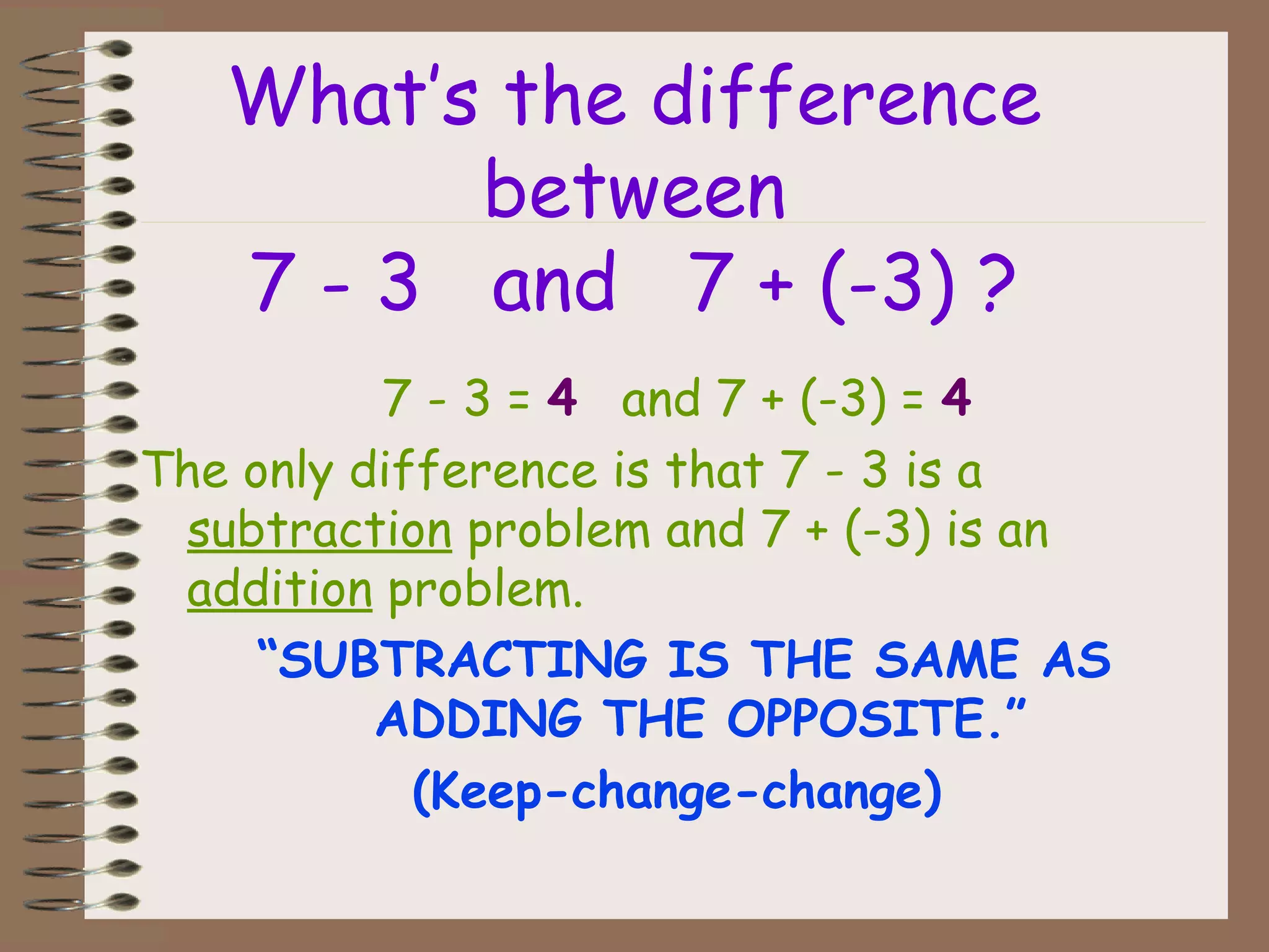 What’s the difference
between
7 - 3 and 7 + (-3) ?
7 - 3 = 4 and 7 + (-3) = 4
The only difference is that 7 - 3 is a
subtraction problem and 7 + (-3) is an
addition problem.
“SUBTRACTING IS THE SAME AS
ADDING THE OPPOSITE.”
(Keep-change-change)
 