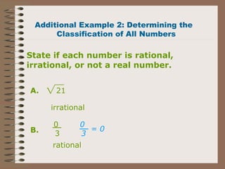 State if each number is rational,
irrational, or not a real number.
21
irrational
0
3
rational
0
3
= 0
Additional Example 2: Determining the
Classification of All Numbers
A.
B.
 