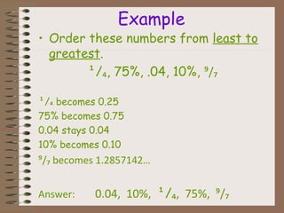 Example
• Order these numbers from least to
greatest.
¹/₄, 75%, .04, 10%, ⁹/₇
¹/ becomes 0.25₄
75% becomes 0.75
0.04 stays 0.04
10% becomes 0.10
⁹/₇ becomes 1.2857142…
Answer: 0.04, 10%, ¹/₄, 75%, ⁹/₇
 